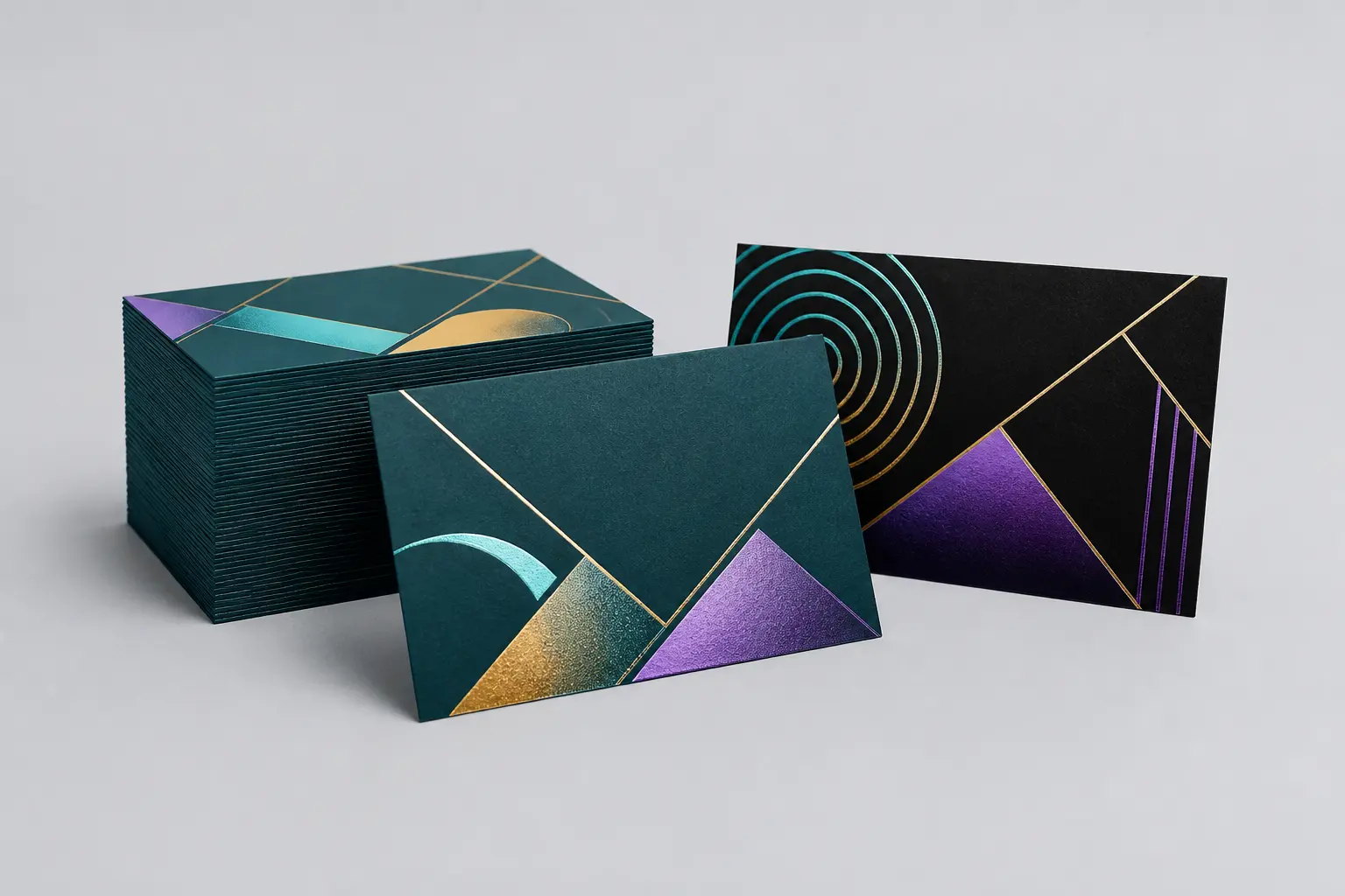 Akuafoil business cards with metallic geometric details in a studio product arrangement