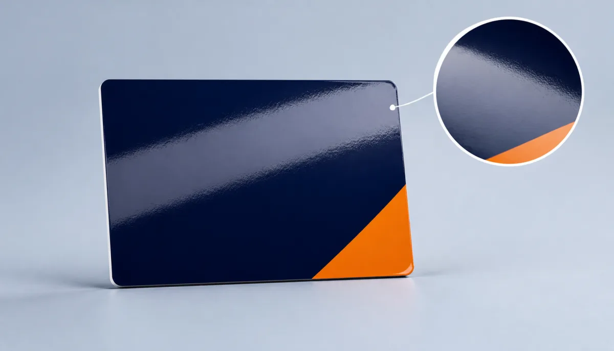 Glossy business card with vivid color and full-surface reflected light