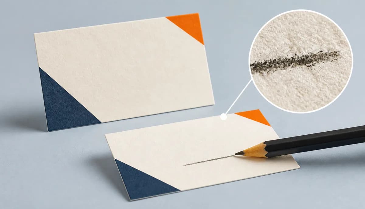 Uncoated business card with a natural paper surface and writing detail